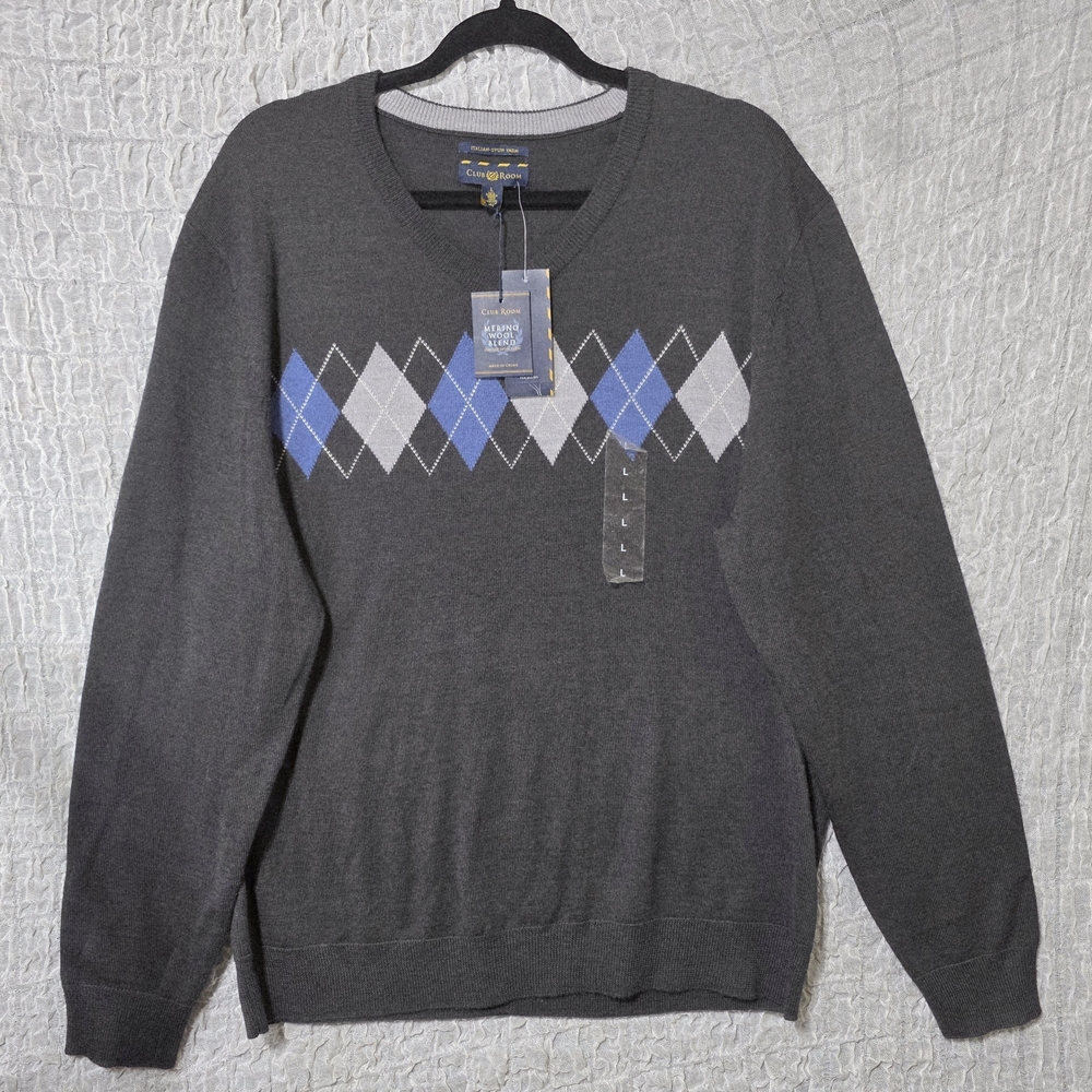 Gray Argyle Sweater with Blue and White Accents